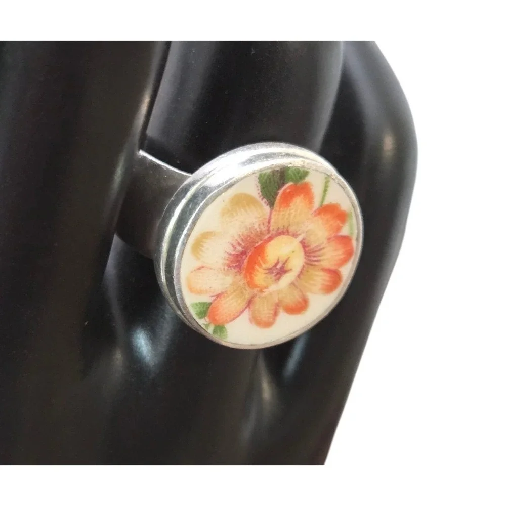 Women's Size 7 Baroque Handpainted Ceramic Flower Sterling 925 Vintage Wide Ring